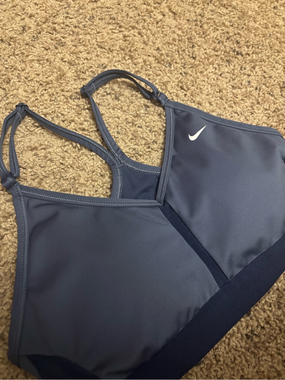 Nike Women's Slate Blue Sports Bra with White Swoosh